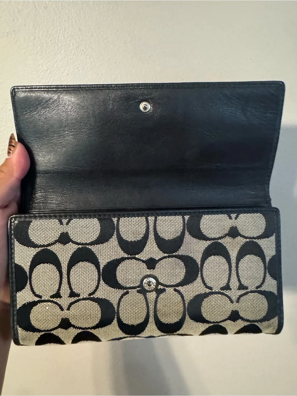 Coach Signature Canvas Continental Wallet in Black and Tan